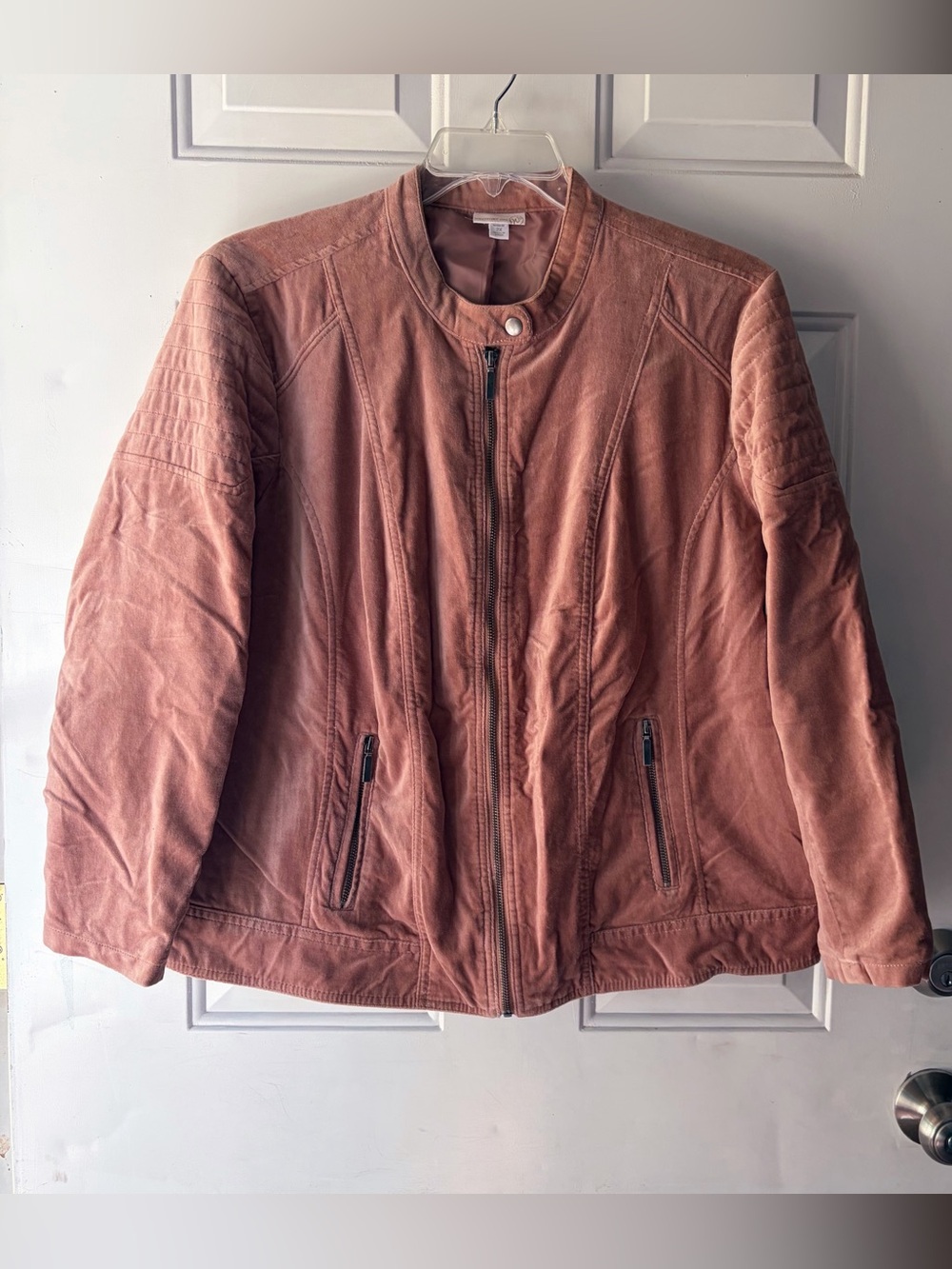 1962 Rose Pink Velvet Moto Jacket 2X Quilted Shoulder Snap Zip 100% cotton
